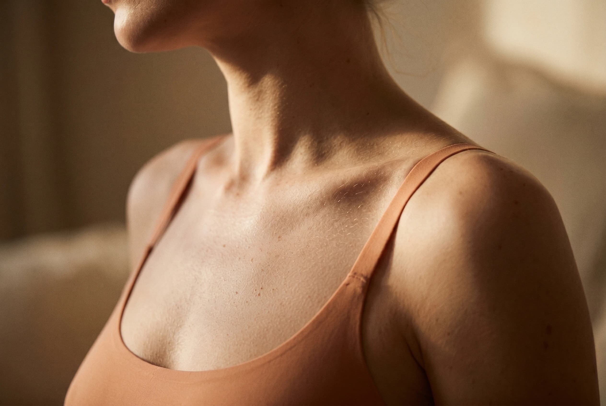 Body-Editorial: Décolleté- und Schlüsselbein-Makro in warmem Licht — Praxis Ästhetik am Isartor München