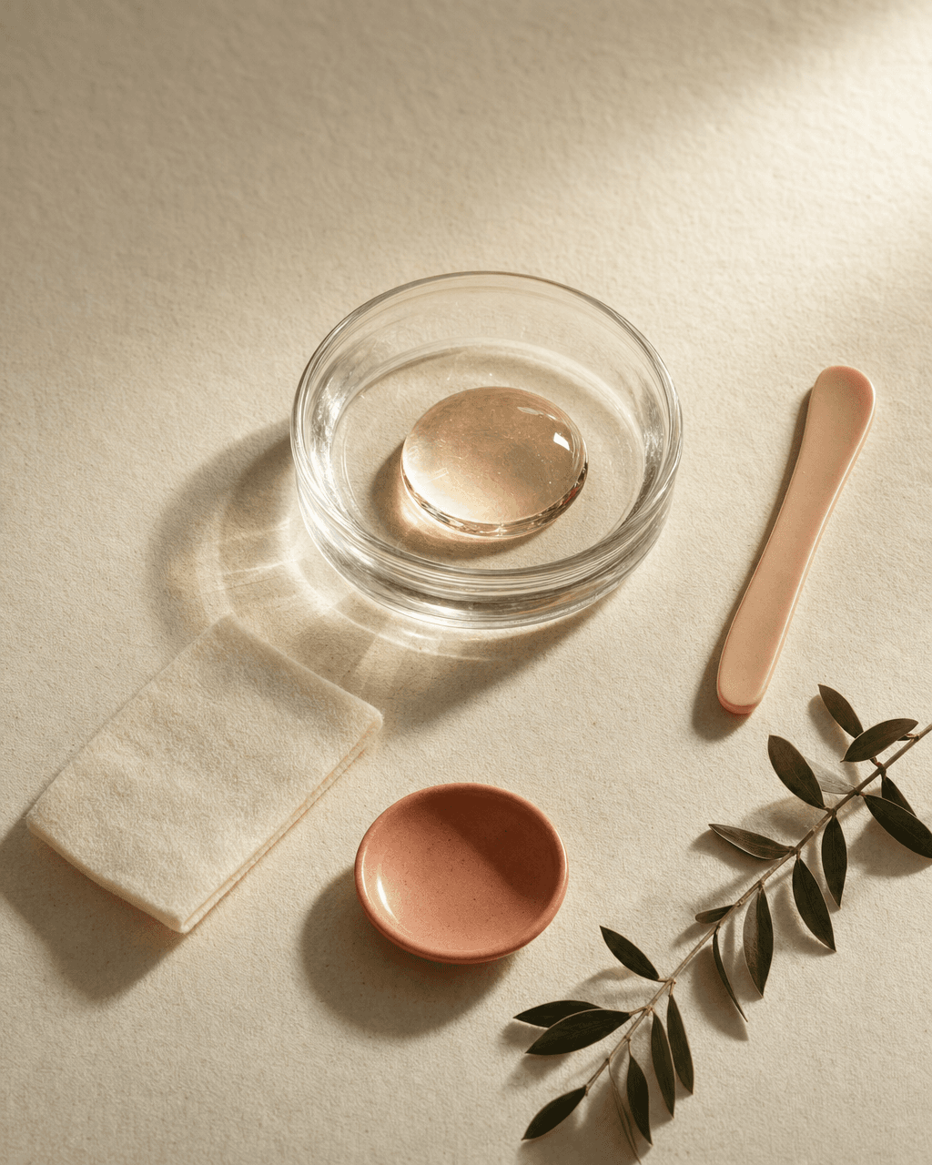 Klarer Hyaluron-Tropfen in einer Apotheker-Glasschale auf bone-cream Papier — Symbol des körperidentischen Materials