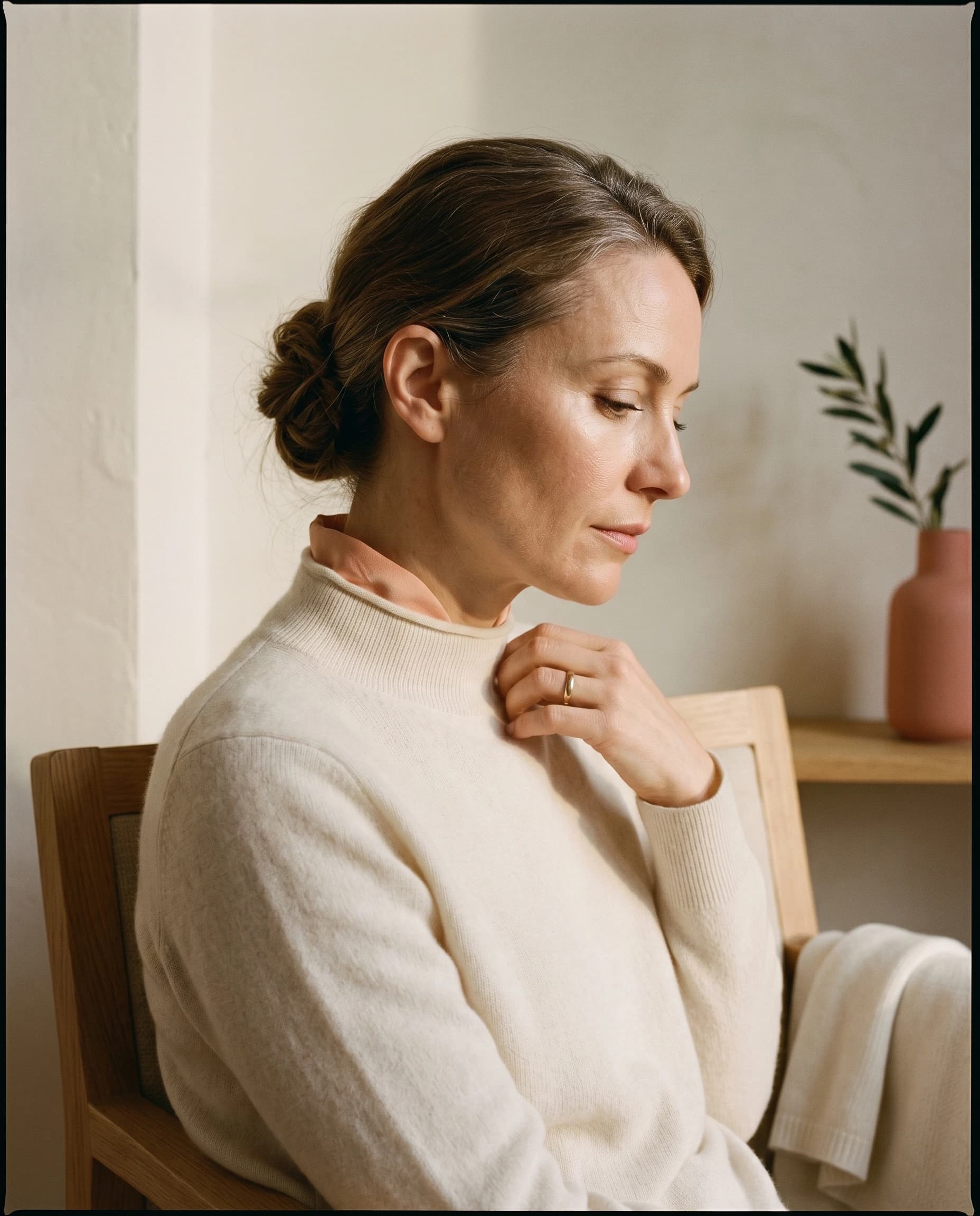 Frau Anfang Vierzig in profilierter Drei-Viertel-Ansicht, bone-cream Cashmere Mock-Neck — editorial Portrait nach abgeschlossener Familienplanung