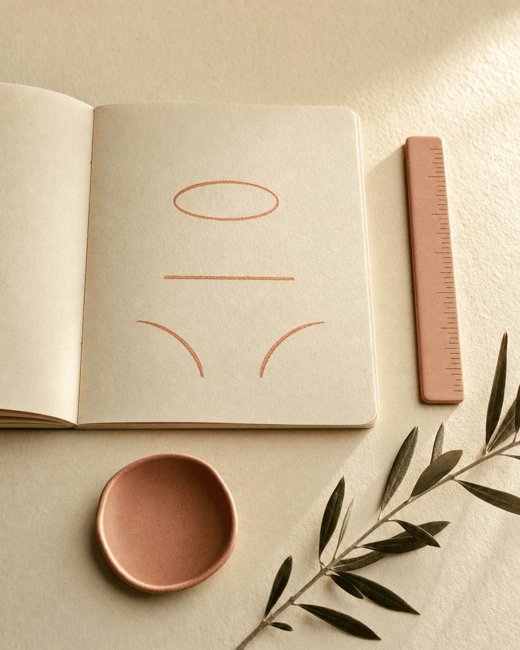 Abstrakte 3-Zonen-Bündel-Skizze für Mommy-Makeover — peach Ellipse (Brust), horizontale Linie (Bauchstraffung), zwei nach außen geschwungene Linien (Hüften / Reiterhosen Lipo) auf bone-cream Papier