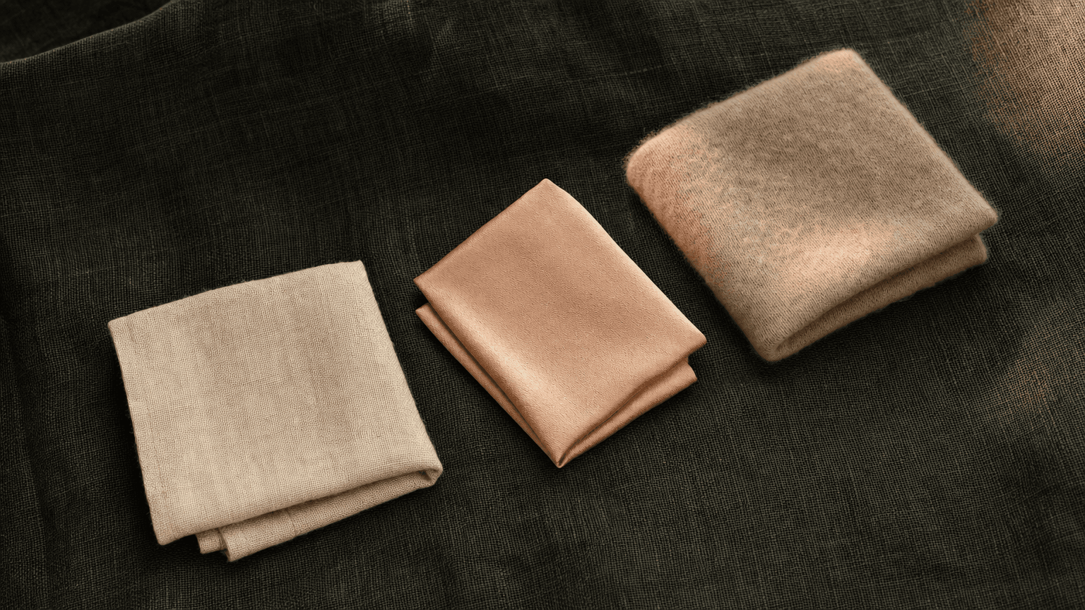 Drei gefaltete Stoffquadrate (bone-cream Linen, peach Seide, sand-taupe Kaschmir) auf charcoal-grünem Leinen — symbolisch für die drei Recovery-Garments