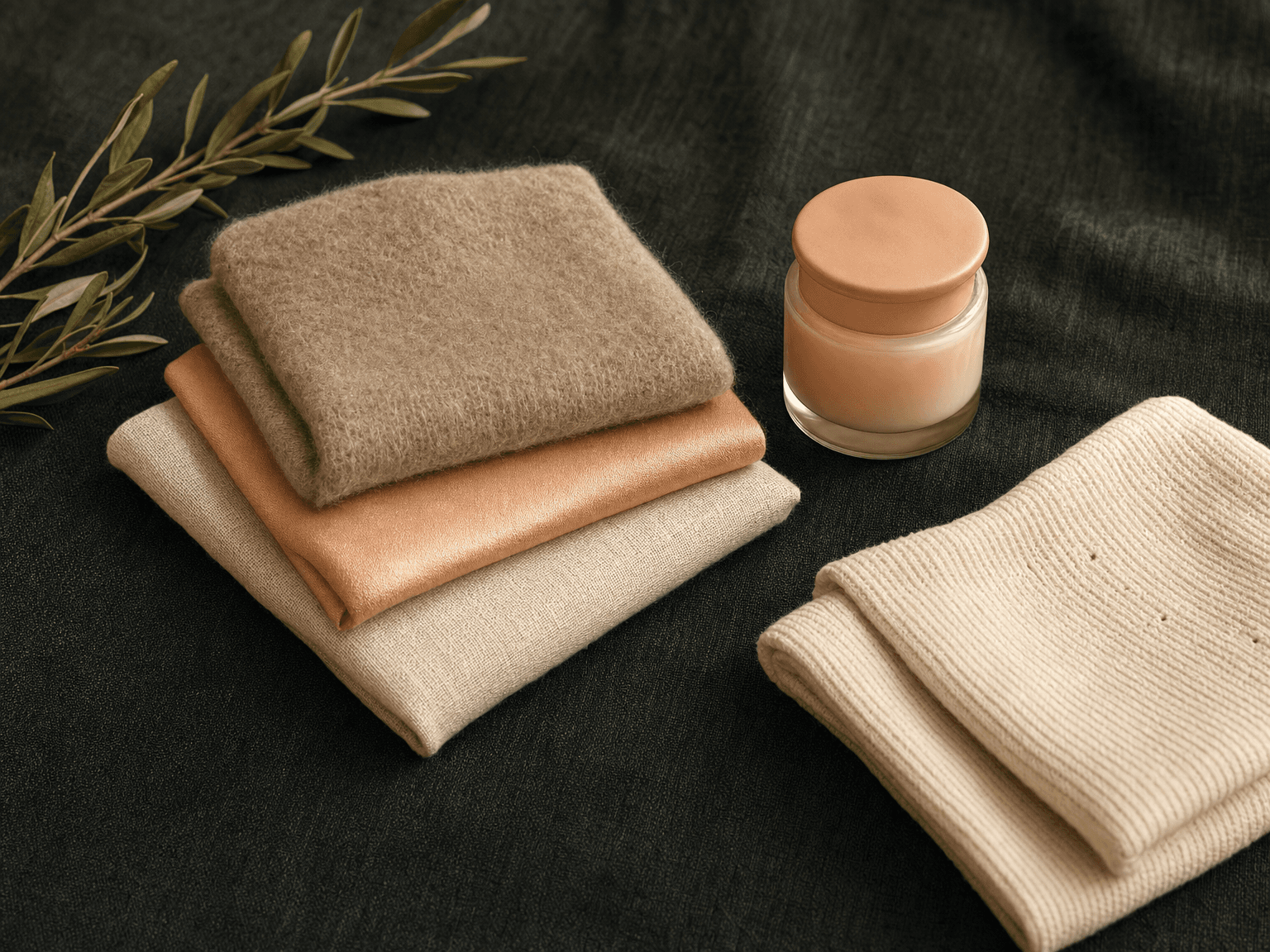 Drei gefaltete Recovery-Garment-Stoffquadrate, Apotheker-Glas mit Arnika-Gel, kleine bone-cream Babydecke und Olivenzweig auf charcoal-grünem Leinen — minimalistische Nachsorge