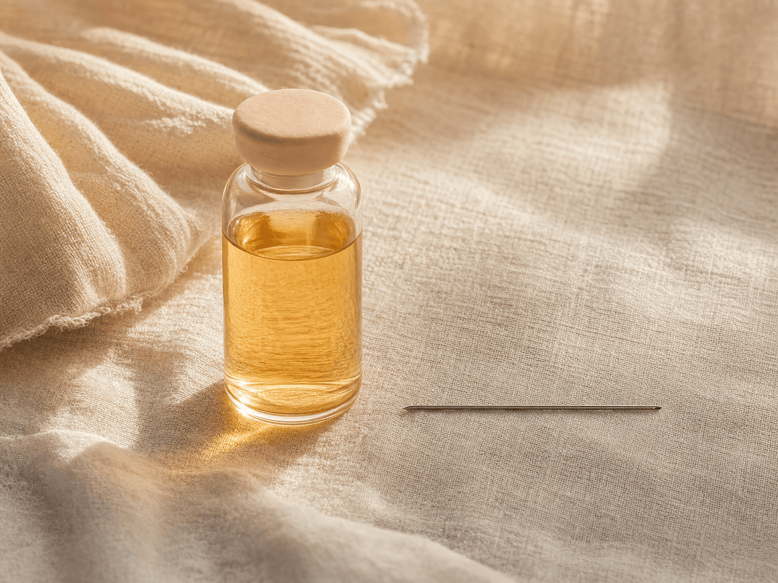 Stilllife: Apotheker-Glas mit warm-amber Plasma neben einer feinen 30G-Nadel auf bone-cream Leinen — Symbol des körpereigenen Verfahrens