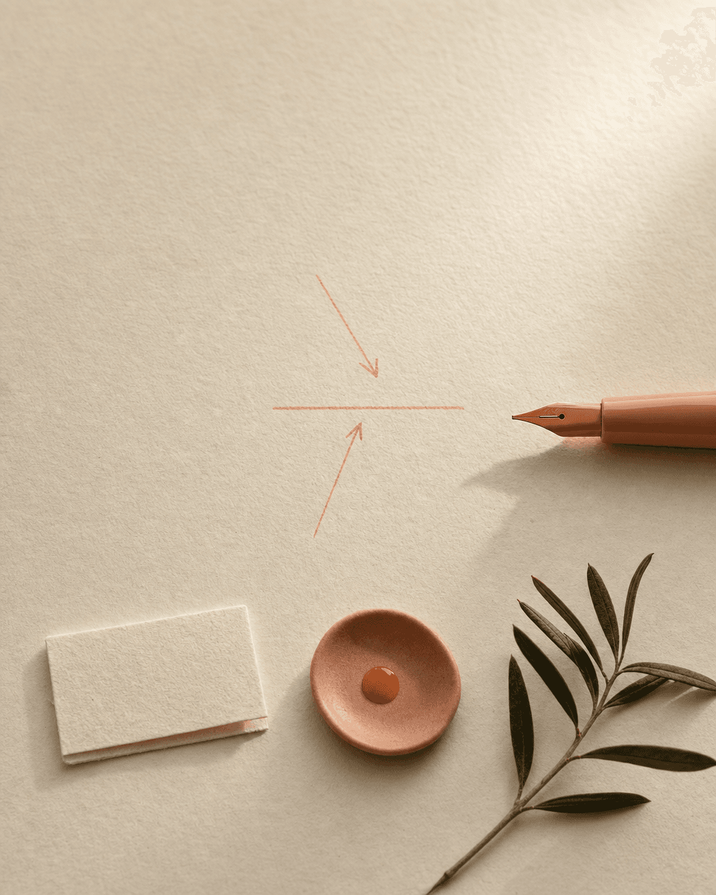Bone-cream Papier mit zwei peach Pfeilen, die zu einer horizontalen Linie konvergieren — abstraktes Symbol der zwei Zugangswege