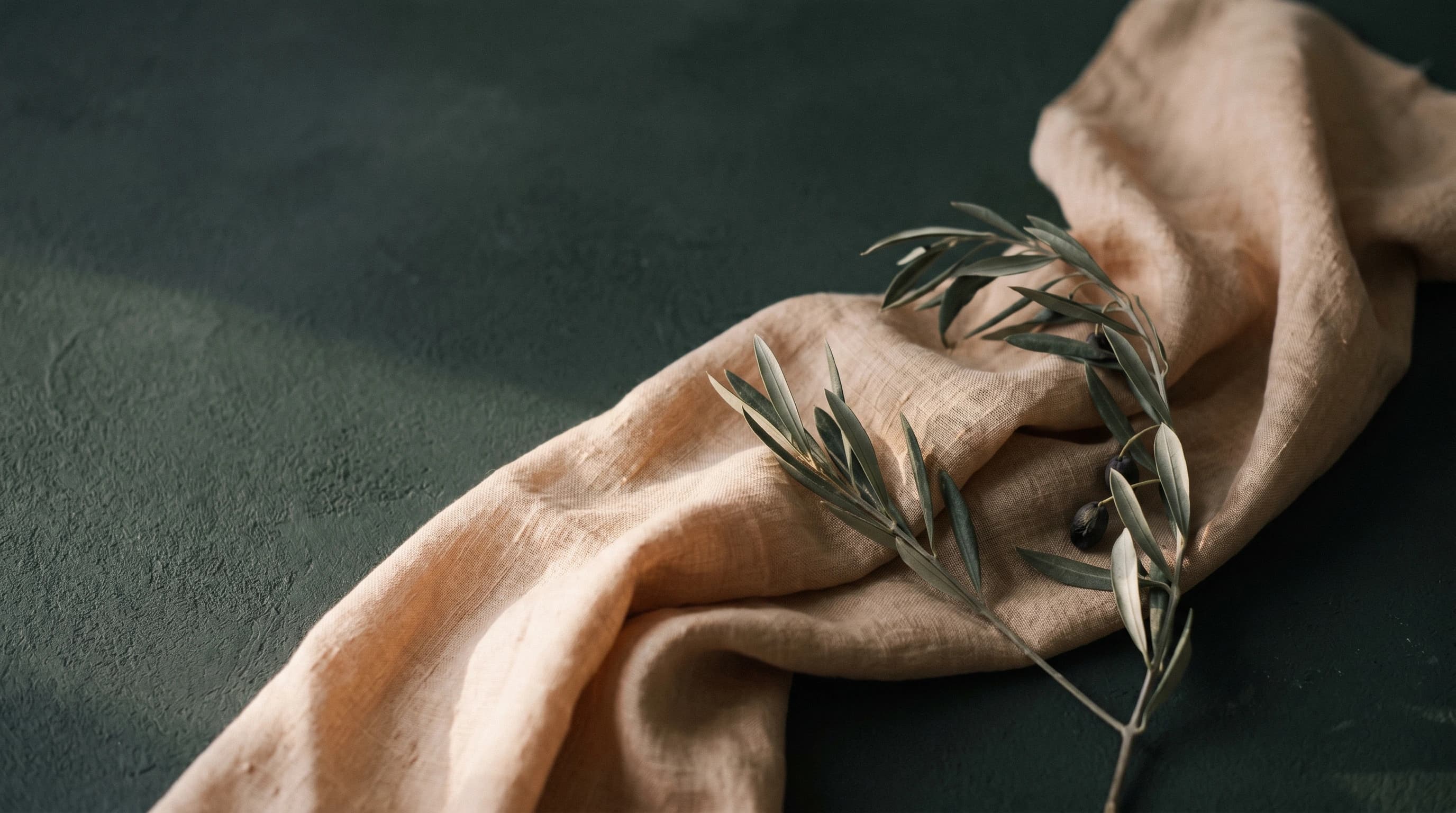 Editorial Stillleben — warmes Leinen und Olivenzweig auf charcoal-green